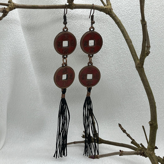 Kobber øreringe med kinesiske lykkemønter